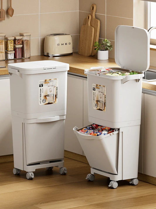 Kitchen Tra Can Large Capaci Double Layer Pr pe with Cover Easy to Move No Bending over Garbage Can for Household Use