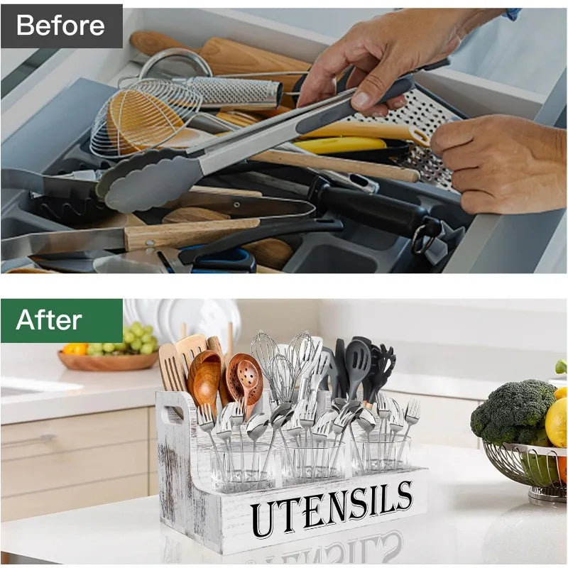Rural White Wooden Cutlery Storage Box, Kitchen Countertop Cooking Utensil Seasoning Storage Box Kitchen Storage Container