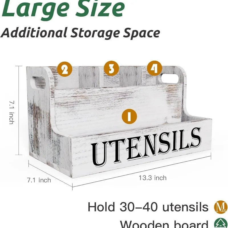 Rural White Wooden Cutlery Storage Box, Kitchen Countertop Cooking Utensil Seasoning Storage Box Kitchen Storage Container