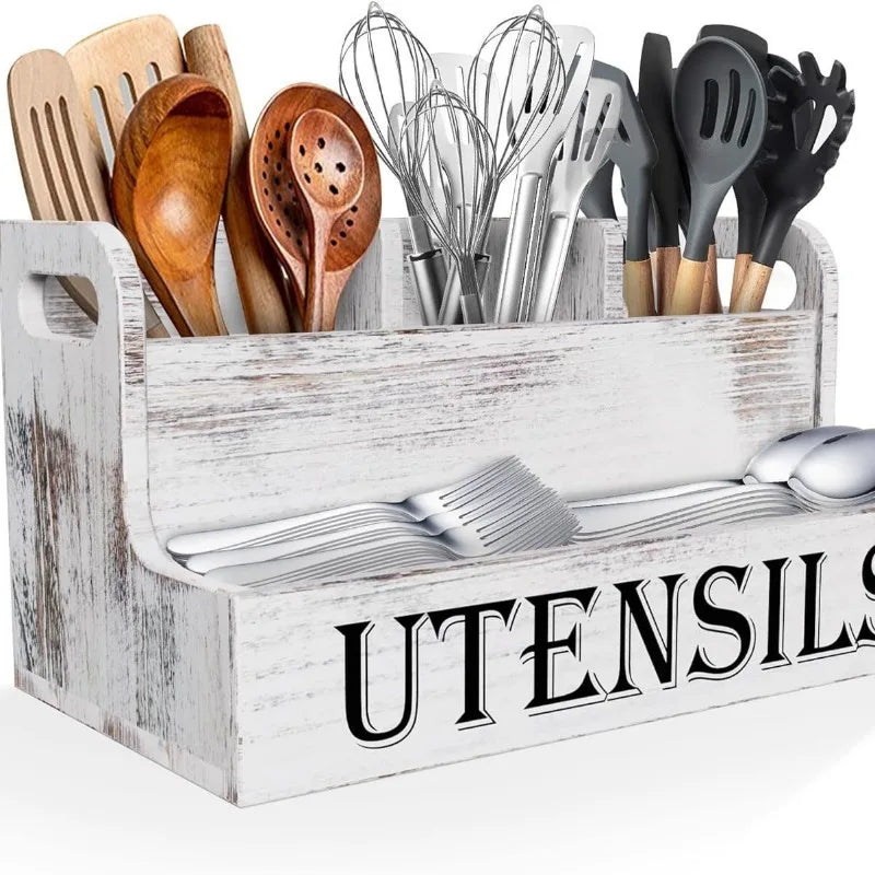 Rural White Wooden Cutlery Storage Box, Kitchen Countertop Cooking Utensil Seasoning Storage Box Kitchen Storage Container