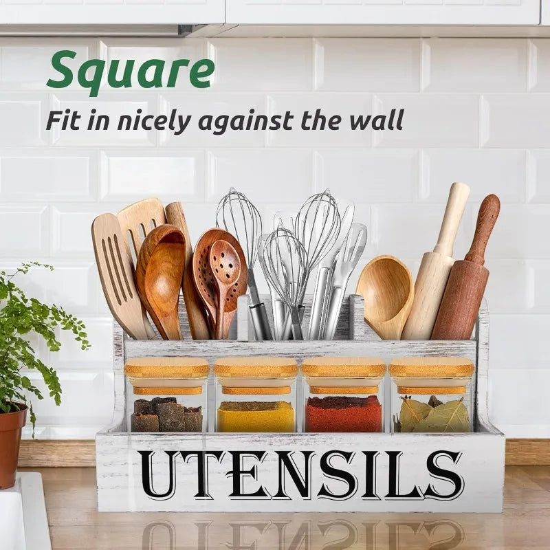 Rural White Wooden Cutlery Storage Box, Kitchen Countertop Cooking Utensil Seasoning Storage Box Kitchen Storage Container