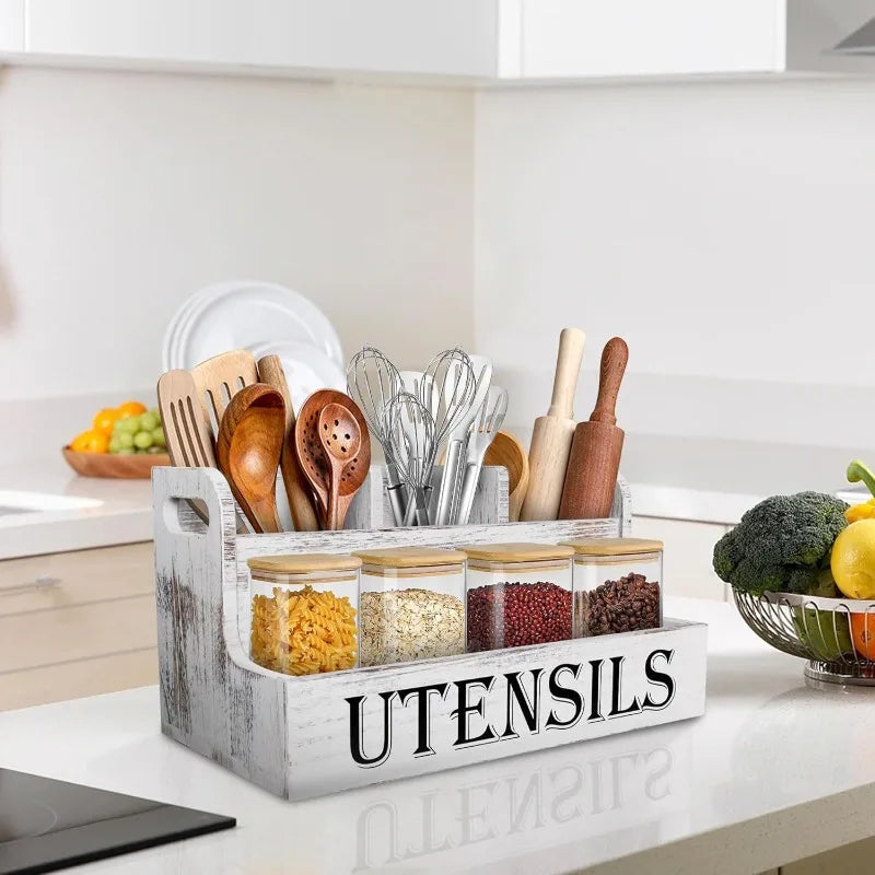 Rural White Wooden Cutlery Storage Box, Kitchen Countertop Cooking Utensil Seasoning Storage Box Kitchen Storage Container