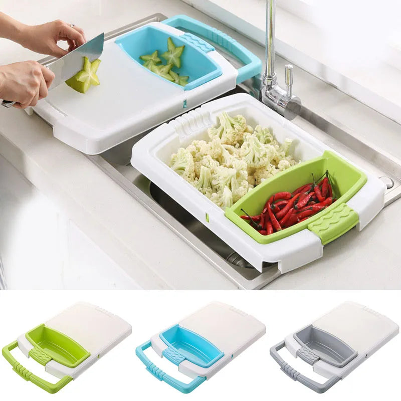 Multifunctional Kitchen Chopping Cutting Board Retractable Sink Sorting Rack Washing Basket Kitchen Organizer