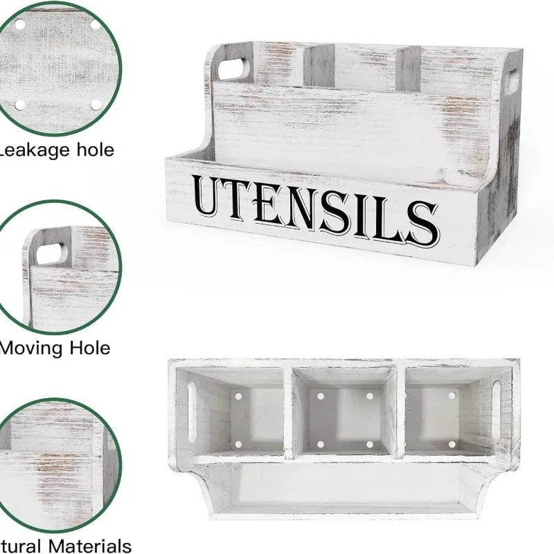 Rural White Wooden Cutlery Storage Box, Kitchen Countertop Cooking Utensil Seasoning Storage Box Kitchen Storage Container