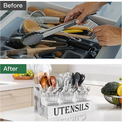 Rural White Wooden Cutlery Storage Box, Kitchen Countertop Cooking Utensil Seasoning Storage Box  Kitchen Storage Container